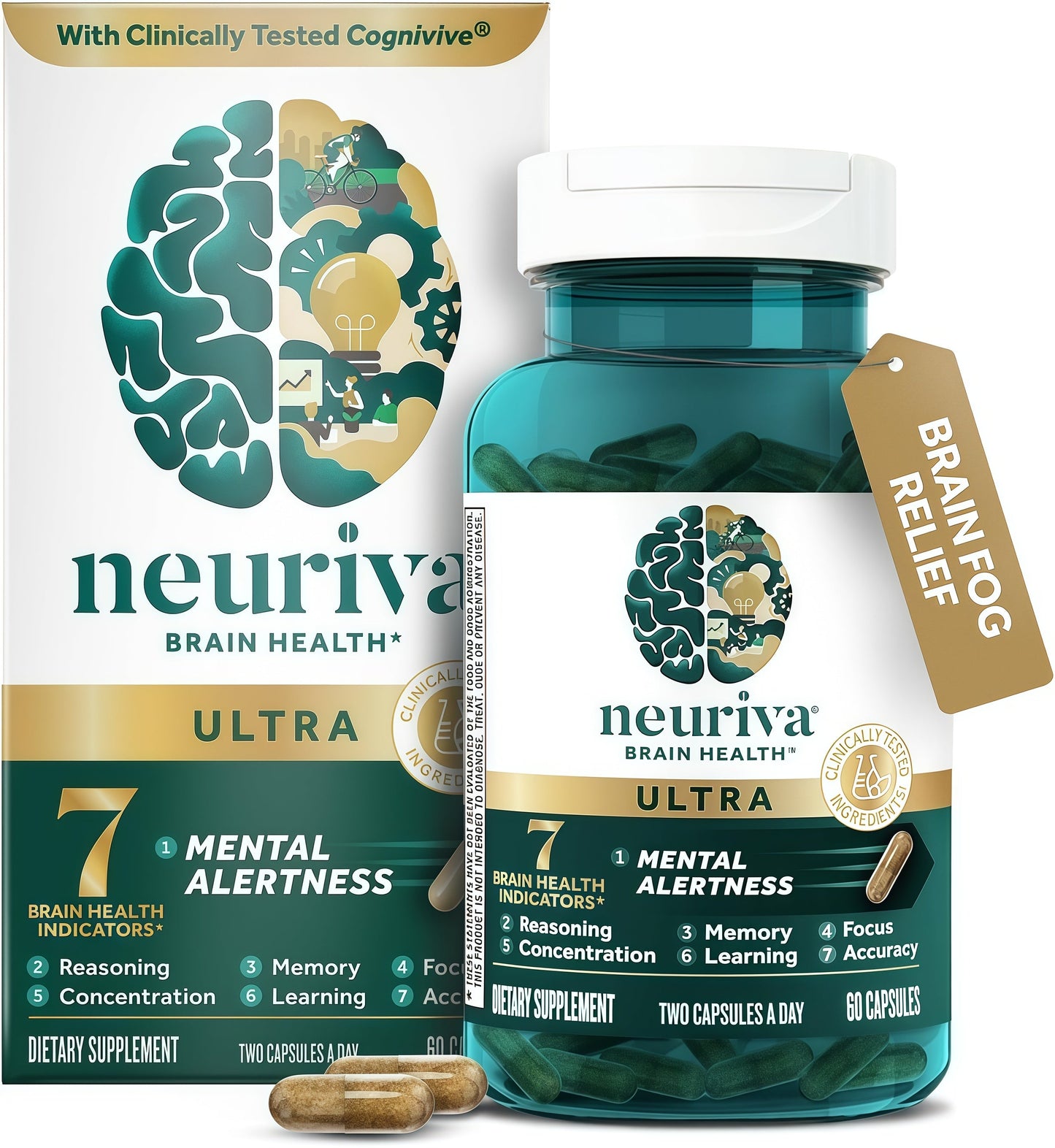 NEURIVA Ultra Brain Supplements for Memory and Focus, Phosphatidylserine, Cognivive, Neurofactor, Folic Acid, Vitamin B12 & Vitamin B6, 60 Count Capsules