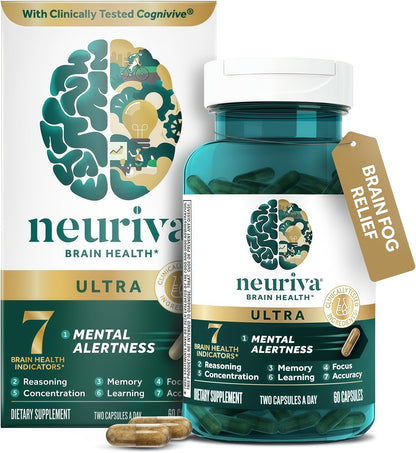 NEURIVA Ultra Brain Supplements for Memory and Focus, Phosphatidylserine, Cognivive, Neurofactor, Folic Acid, Vitamin B12 & Vitamin B6, 60 Count Capsules