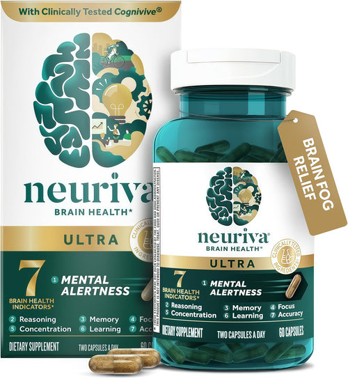 NEURIVA Ultra Brain Supplements for Memory and Focus, Phosphatidylserine, Cognivive, Neurofactor, Folic Acid, Vitamin B12 & Vitamin B6, 60 Count Capsules