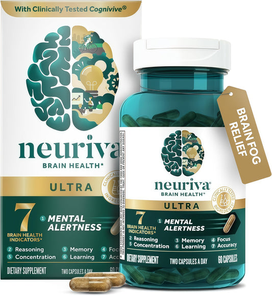 NEURIVA Ultra Brain Supplements for Memory and Focus, Phosphatidylserine, Cognivive, Neurofactor, Folic Acid, Vitamin B12 & Vitamin B6, 60 Count Capsules