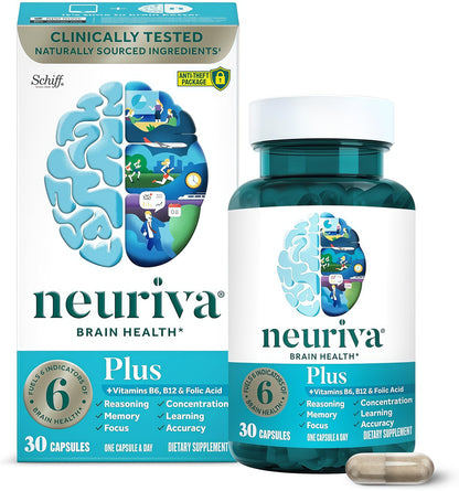 NEURIVA Plus Brain Supplements for Memory and Focus, Clinically Tested Nootropics Neurofactor and Phosphatidylserine, with Vitamin B12, Vitamin B6 and Folic Acid, 30 Count Capsules
