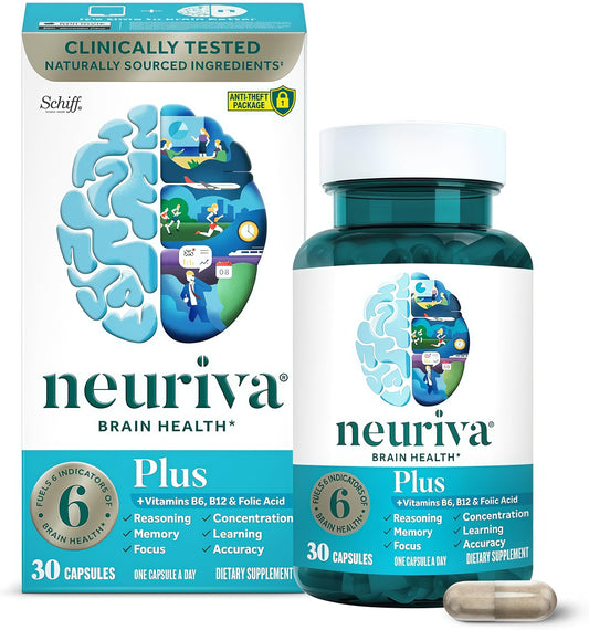NEURIVA Plus Brain Supplements for Memory and Focus, Clinically Tested Nootropics Neurofactor and Phosphatidylserine, with Vitamin B12, Vitamin B6 and Folic Acid, 30 Count Capsules