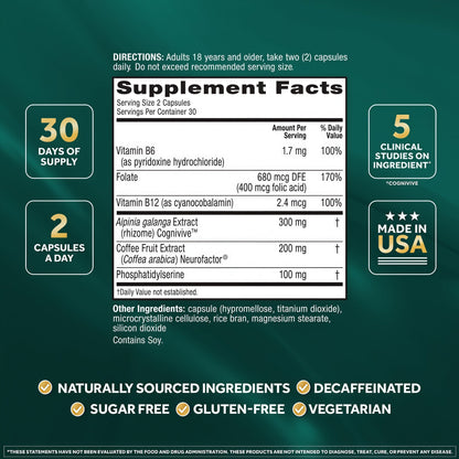 NEURIVA Ultra Brain Supplements for Memory and Focus, Phosphatidylserine, Cognivive, Neurofactor, Folic Acid, Vitamin B12 & Vitamin B6, 60 Count Capsules