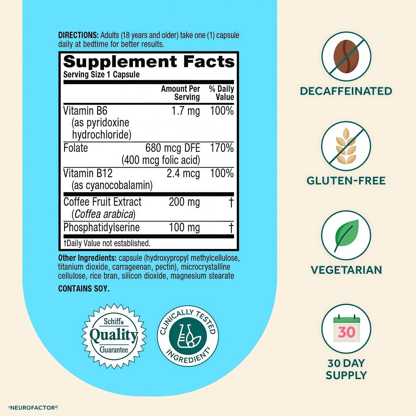 NEURIVA Plus Brain Supplements for Memory and Focus, Clinically Tested Nootropics Neurofactor and Phosphatidylserine, with Vitamin B12, Vitamin B6 and Folic Acid, 30 Count Capsules